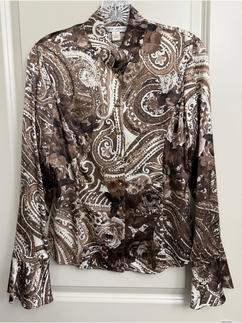 St. John Brown and Cream Paisley Floral Button-Front Shirt